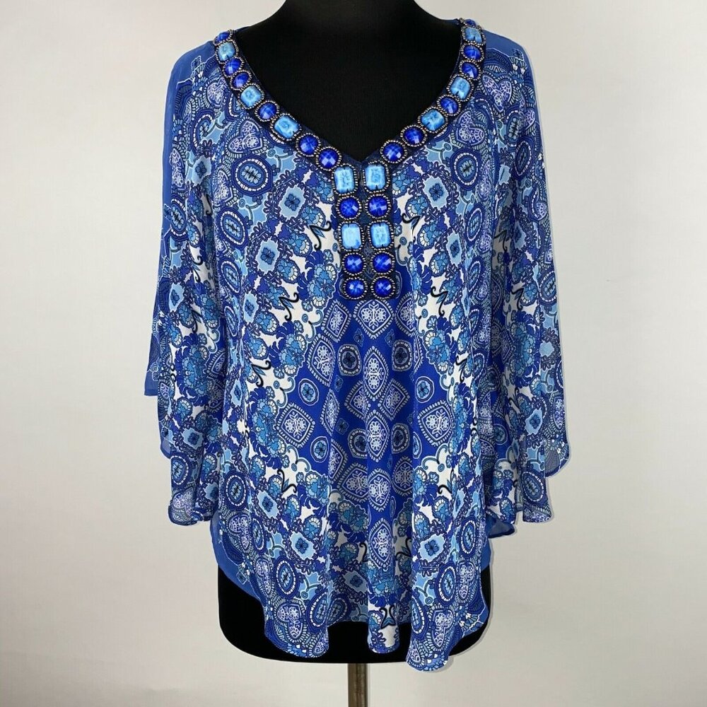 John Paul Richard Blouse Womens M Gemstone Beaded V-Neck Sheer Flowy Boho Hippie